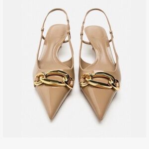 Zara Tan kitten Heels with Gold Chain Detail